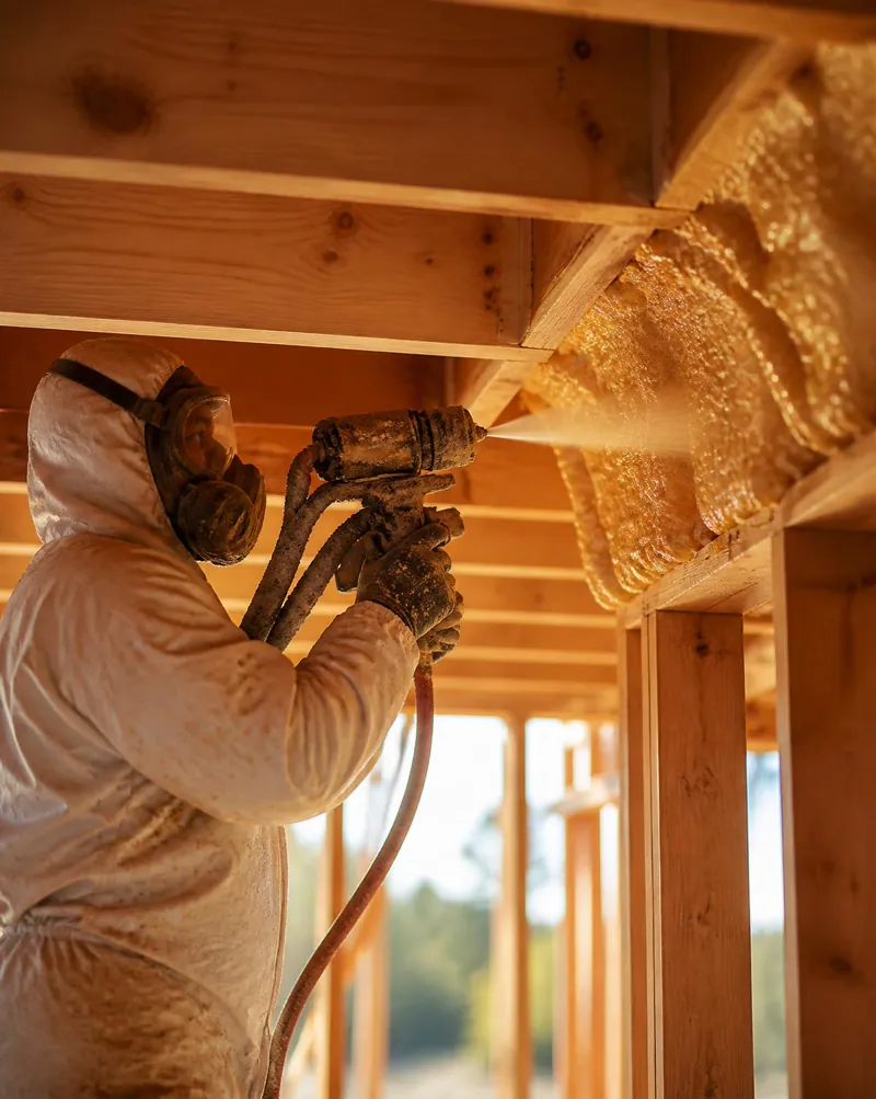 SeaClay crew applying spray foam insulation to the rim joists of a new construction building